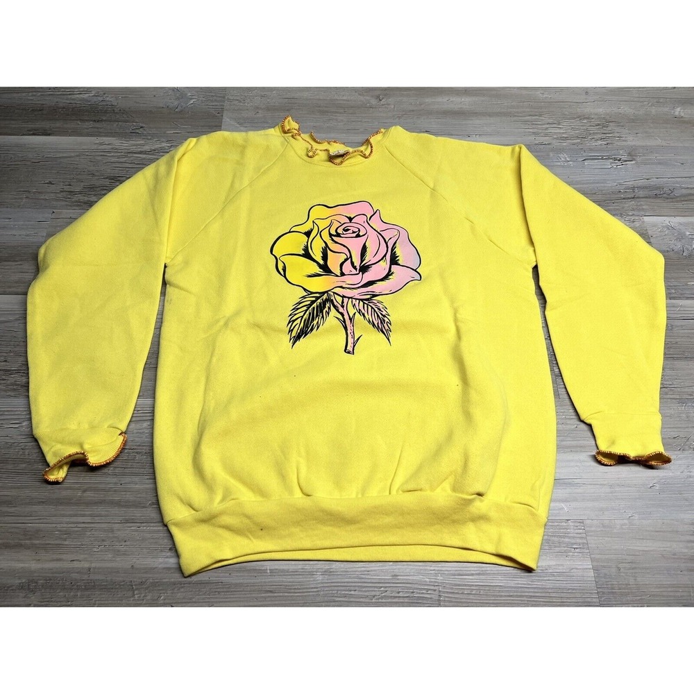 Vintage‎ 90s Fruit Of The Loom Rose Print Raglan Sweatshirt NOS Yellow Frilly L